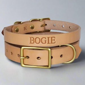 Handmade natural leather dog collar with solid brass hardware, personalized with the name "BOGIE" stamped into the leather. Collar is displayed coiled on a white background, showing slicked edges, brass buckle, and D-ring attachment.
