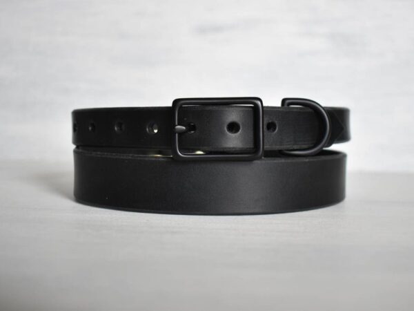 Black Slim Dusty leather dog collar – handmade 3/4" full-grain bridle leather with solid brass hardware