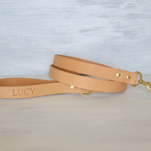 Natural full-grain leather dog leash with brass hardware and D-ring handle, handmade in Texas