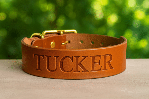 Tan Wide Tapered Dusty leather dog collar – 1.5" handmade full-grain bridle leather with solid brass hardware